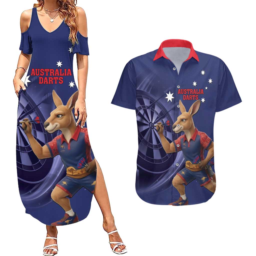 Australia Kangaroo Mascot Darts Couples Matching Summer Maxi Dress and Hawaiian Shirt Blue Edition