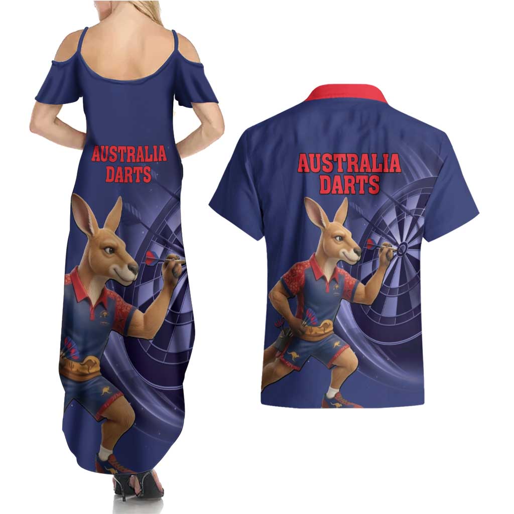 Australia Kangaroo Mascot Darts Couples Matching Summer Maxi Dress and Hawaiian Shirt Blue Edition