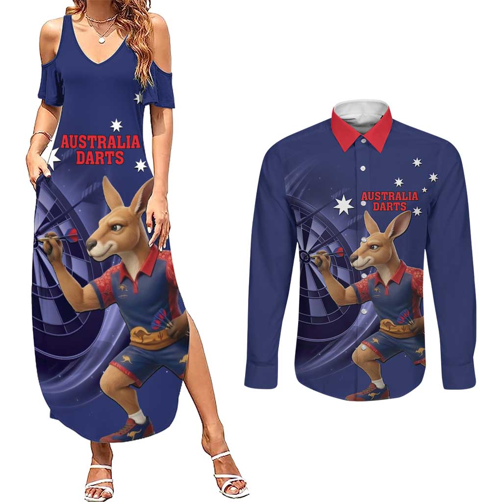 Australia Kangaroo Mascot Darts Couples Matching Summer Maxi Dress and Long Sleeve Button Shirt Blue Edition