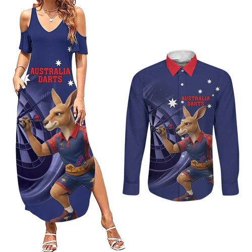 Australia Kangaroo Mascot Darts Couples Matching Summer Maxi Dress and Long Sleeve Button Shirt Blue Edition