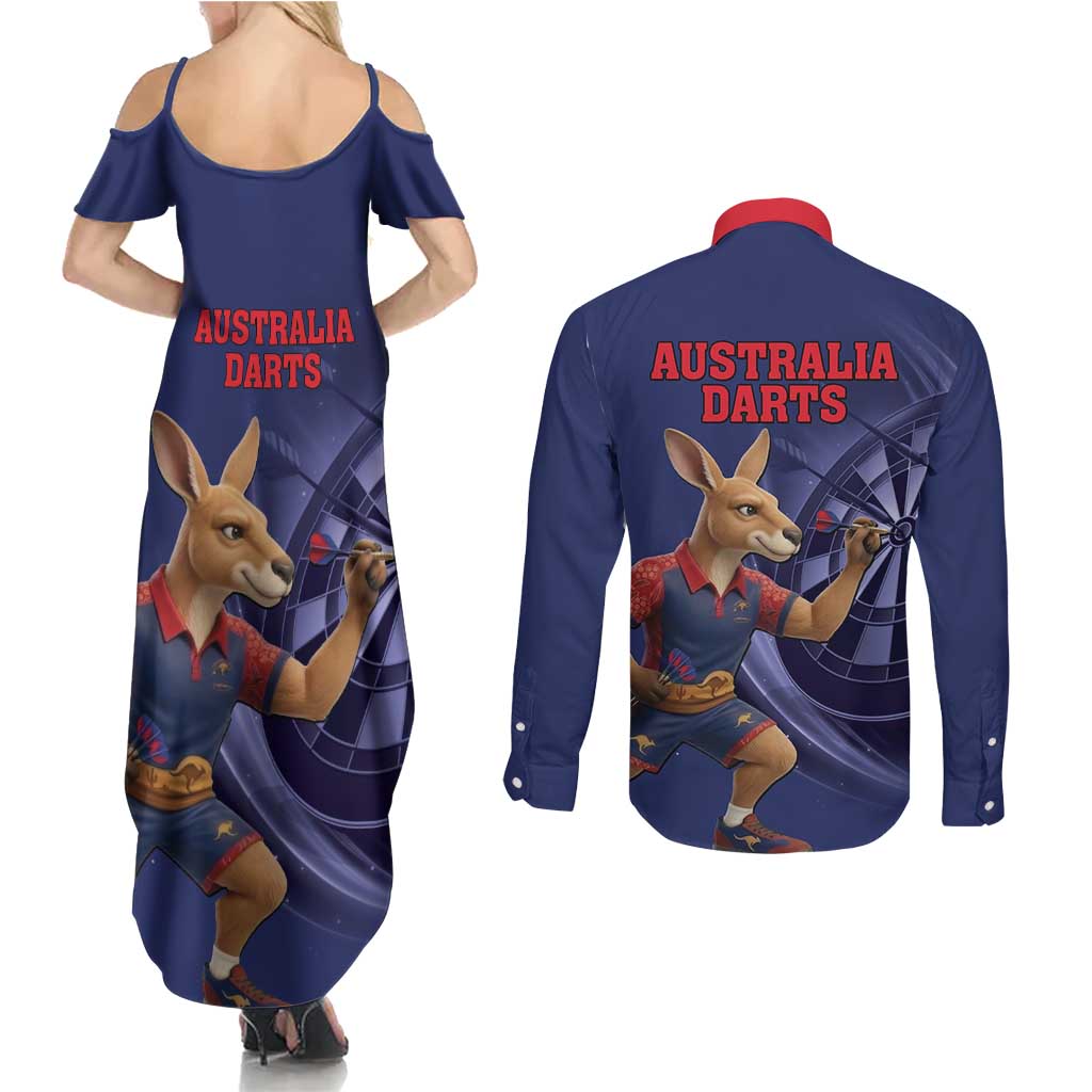 Australia Kangaroo Mascot Darts Couples Matching Summer Maxi Dress and Long Sleeve Button Shirt Blue Edition