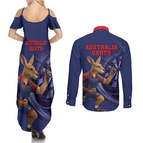 Australia Kangaroo Mascot Darts Couples Matching Summer Maxi Dress and Long Sleeve Button Shirt Blue Edition