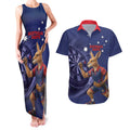 Australia Kangaroo Mascot Darts Couples Matching Tank Maxi Dress and Hawaiian Shirt Blue Edition