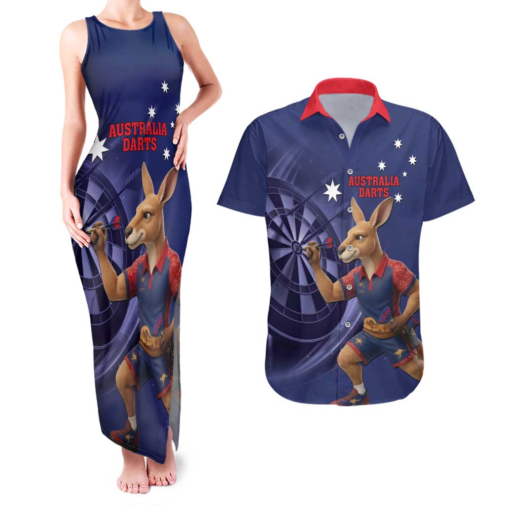 Australia Kangaroo Mascot Darts Couples Matching Tank Maxi Dress and Hawaiian Shirt Blue Edition