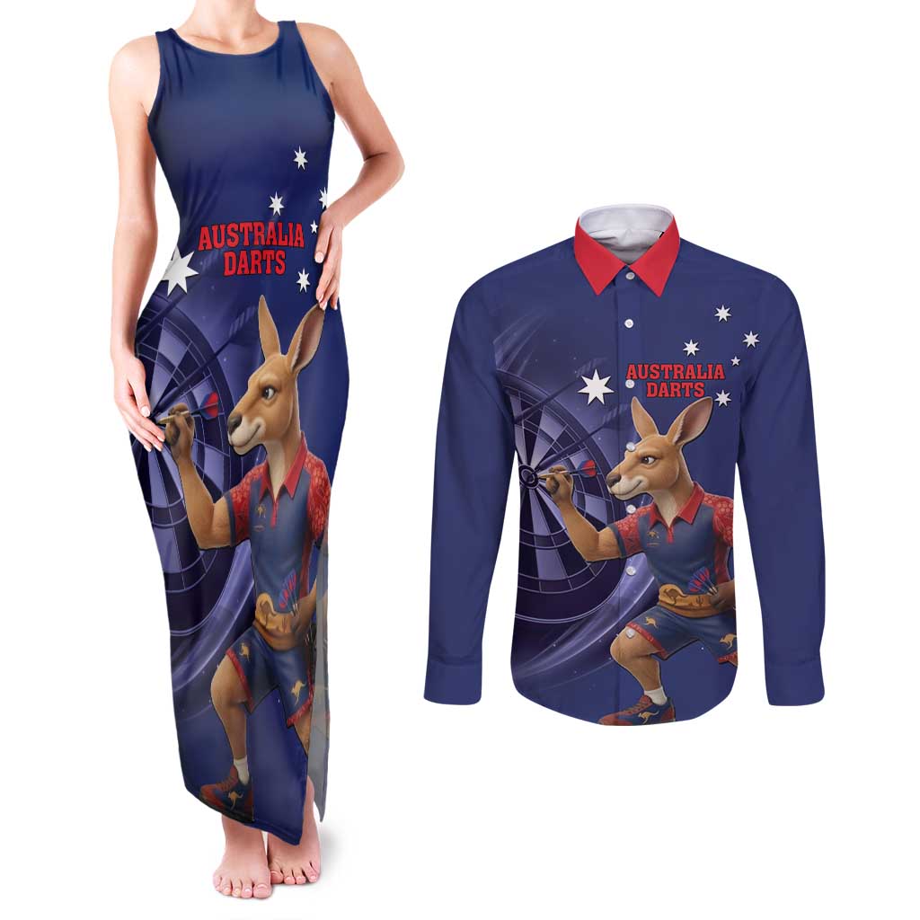Australia Kangaroo Mascot Darts Couples Matching Tank Maxi Dress and Long Sleeve Button Shirt Blue Edition