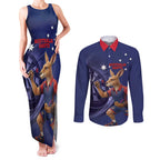 Australia Kangaroo Mascot Darts Couples Matching Tank Maxi Dress and Long Sleeve Button Shirt Blue Edition