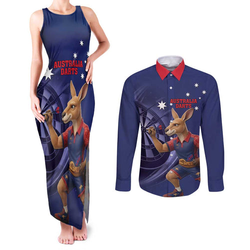 Australia Kangaroo Mascot Darts Couples Matching Tank Maxi Dress and Long Sleeve Button Shirt Blue Edition