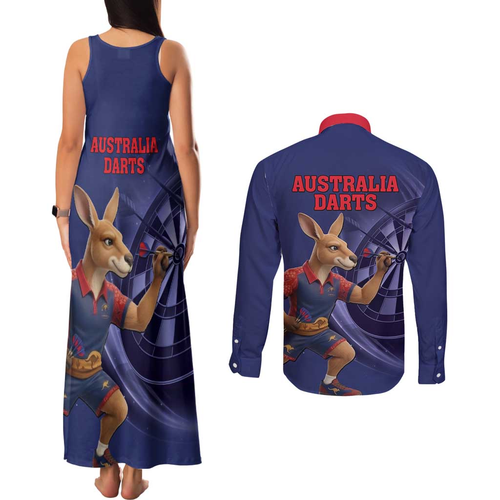 Australia Kangaroo Mascot Darts Couples Matching Tank Maxi Dress and Long Sleeve Button Shirt Blue Edition