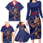 Australia Kangaroo Mascot Darts Family Matching Long Sleeve Bodycon Dress and Hawaiian Shirt Blue Edition