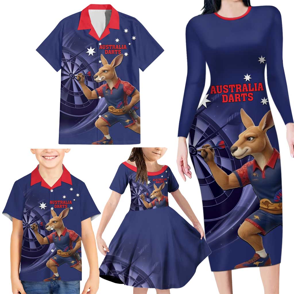 Australia Kangaroo Mascot Darts Family Matching Long Sleeve Bodycon Dress and Hawaiian Shirt Blue Edition