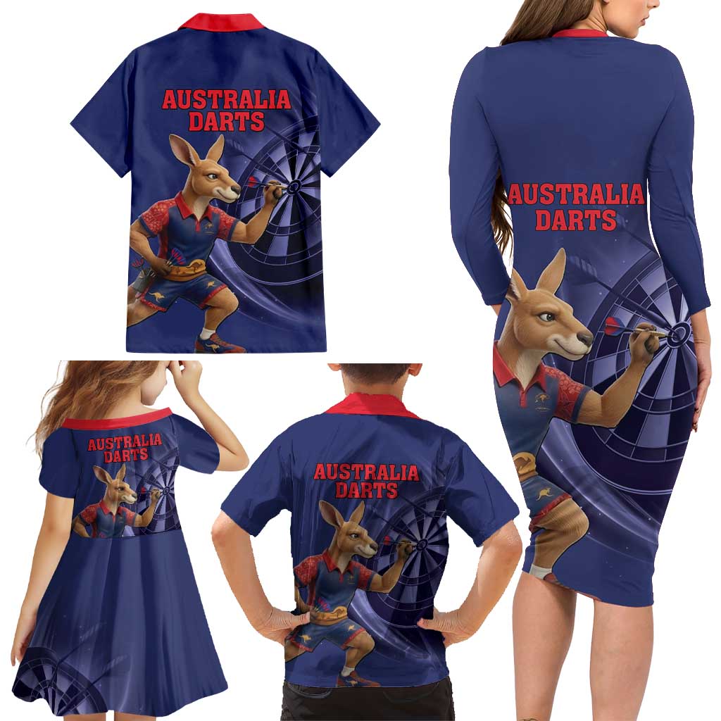 Australia Kangaroo Mascot Darts Family Matching Long Sleeve Bodycon Dress and Hawaiian Shirt Blue Edition