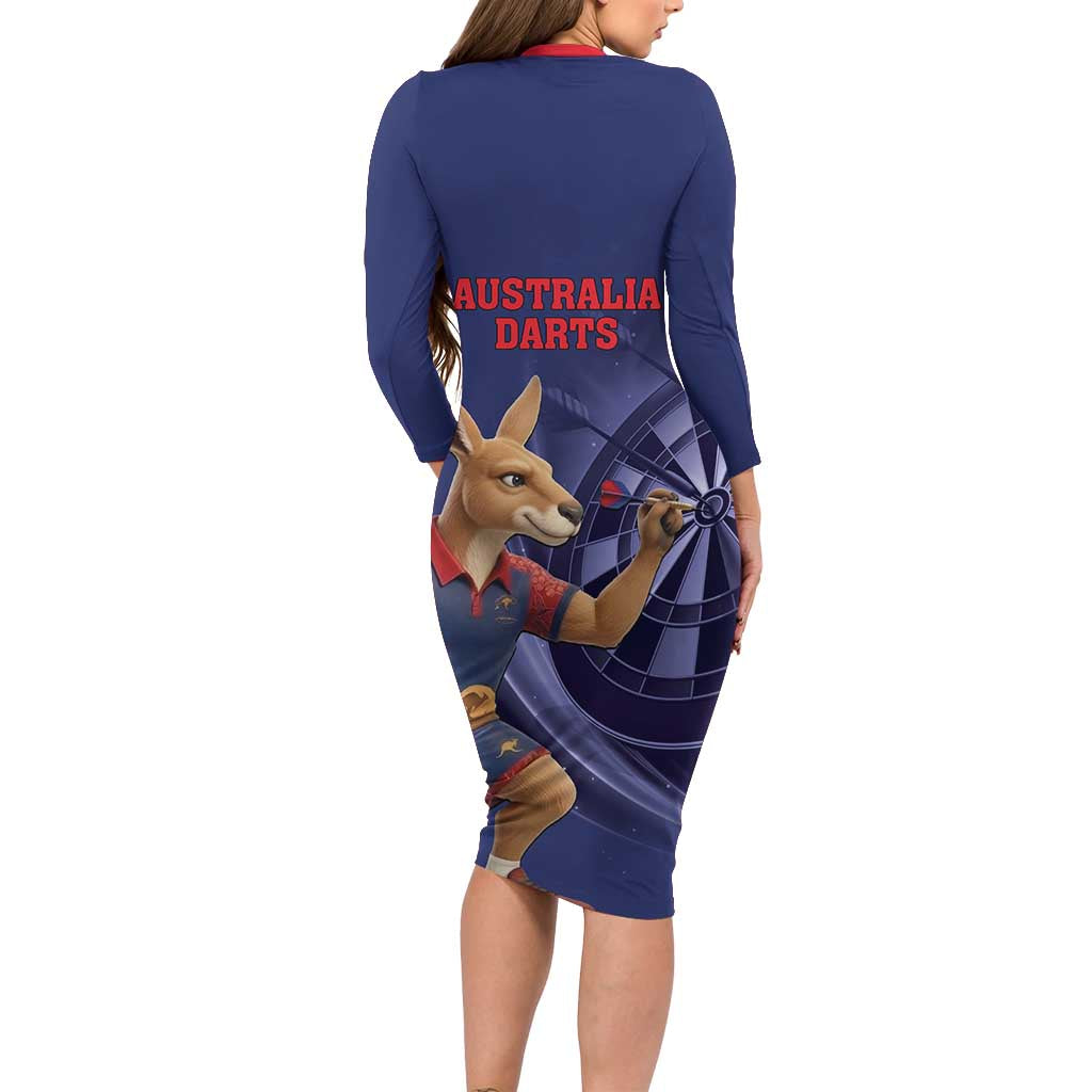 Australia Kangaroo Mascot Darts Family Matching Long Sleeve Bodycon Dress and Hawaiian Shirt Blue Edition