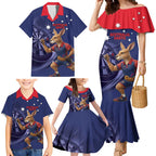Australia Kangaroo Mascot Darts Family Matching Mermaid Dress and Hawaiian Shirt Blue Edition