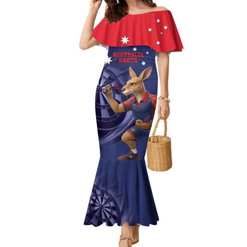 Australia Kangaroo Mascot Darts Family Matching Mermaid Dress and Hawaiian Shirt Blue Edition