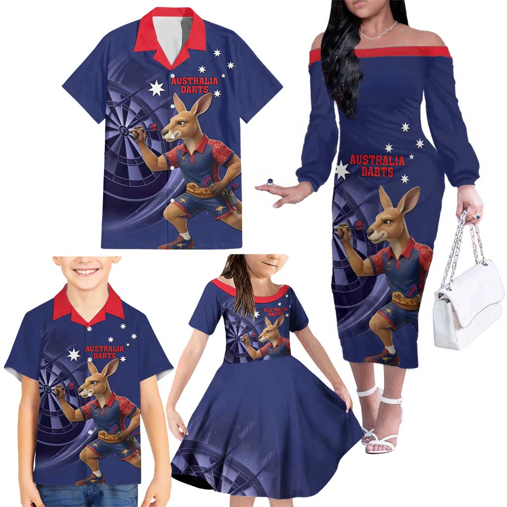 Australia Kangaroo Mascot Darts Family Matching Off The Shoulder Long Sleeve Dress and Hawaiian Shirt Blue Edition