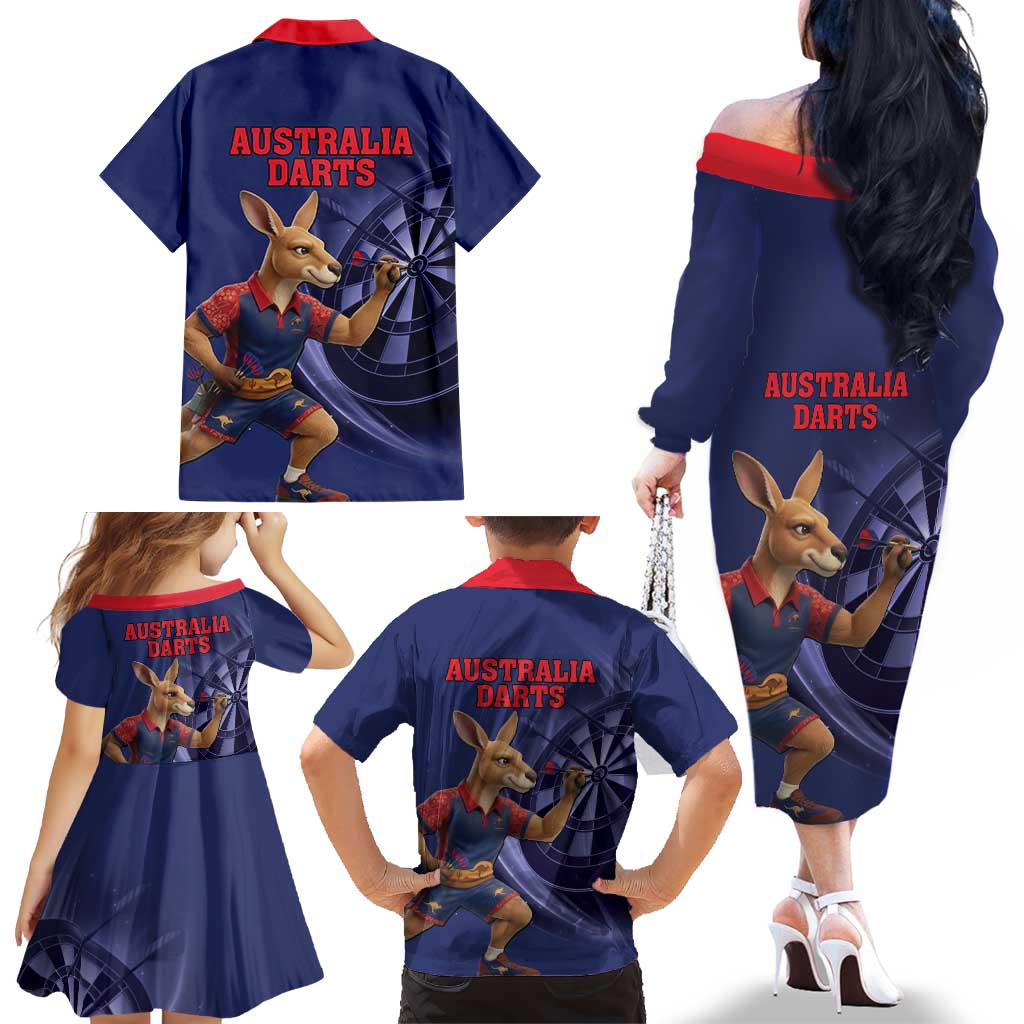 Australia Kangaroo Mascot Darts Family Matching Off The Shoulder Long Sleeve Dress and Hawaiian Shirt Blue Edition