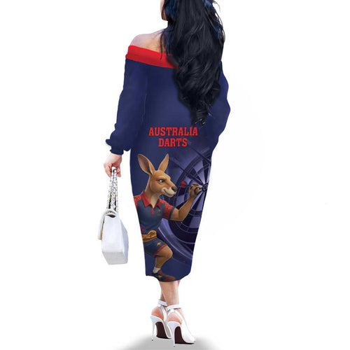 Australia Kangaroo Mascot Darts Family Matching Off The Shoulder Long Sleeve Dress and Hawaiian Shirt Blue Edition