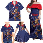 Australia Kangaroo Mascot Darts Family Matching Off Shoulder Maxi Dress and Hawaiian Shirt Blue Edition