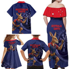 Australia Kangaroo Mascot Darts Family Matching Off Shoulder Maxi Dress and Hawaiian Shirt Blue Edition