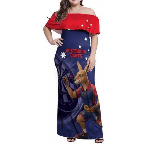 Australia Kangaroo Mascot Darts Family Matching Off Shoulder Maxi Dress and Hawaiian Shirt Blue Edition