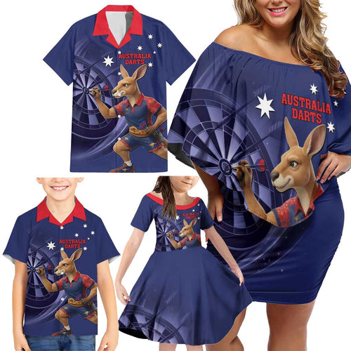 Australia Kangaroo Mascot Darts Family Matching Off Shoulder Short Dress and Hawaiian Shirt Blue Edition