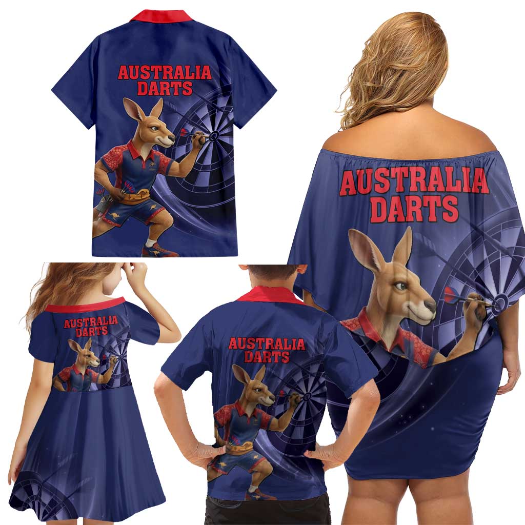 Australia Kangaroo Mascot Darts Family Matching Off Shoulder Short Dress and Hawaiian Shirt Blue Edition