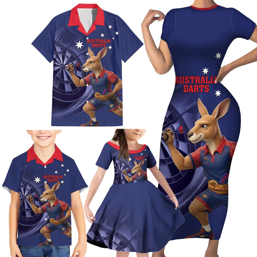 Australia Kangaroo Mascot Darts Family Matching Short Sleeve Bodycon Dress and Hawaiian Shirt Blue Edition