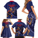 Australia Kangaroo Mascot Darts Family Matching Short Sleeve Bodycon Dress and Hawaiian Shirt Blue Edition