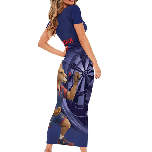 Australia Kangaroo Mascot Darts Family Matching Short Sleeve Bodycon Dress and Hawaiian Shirt Blue Edition