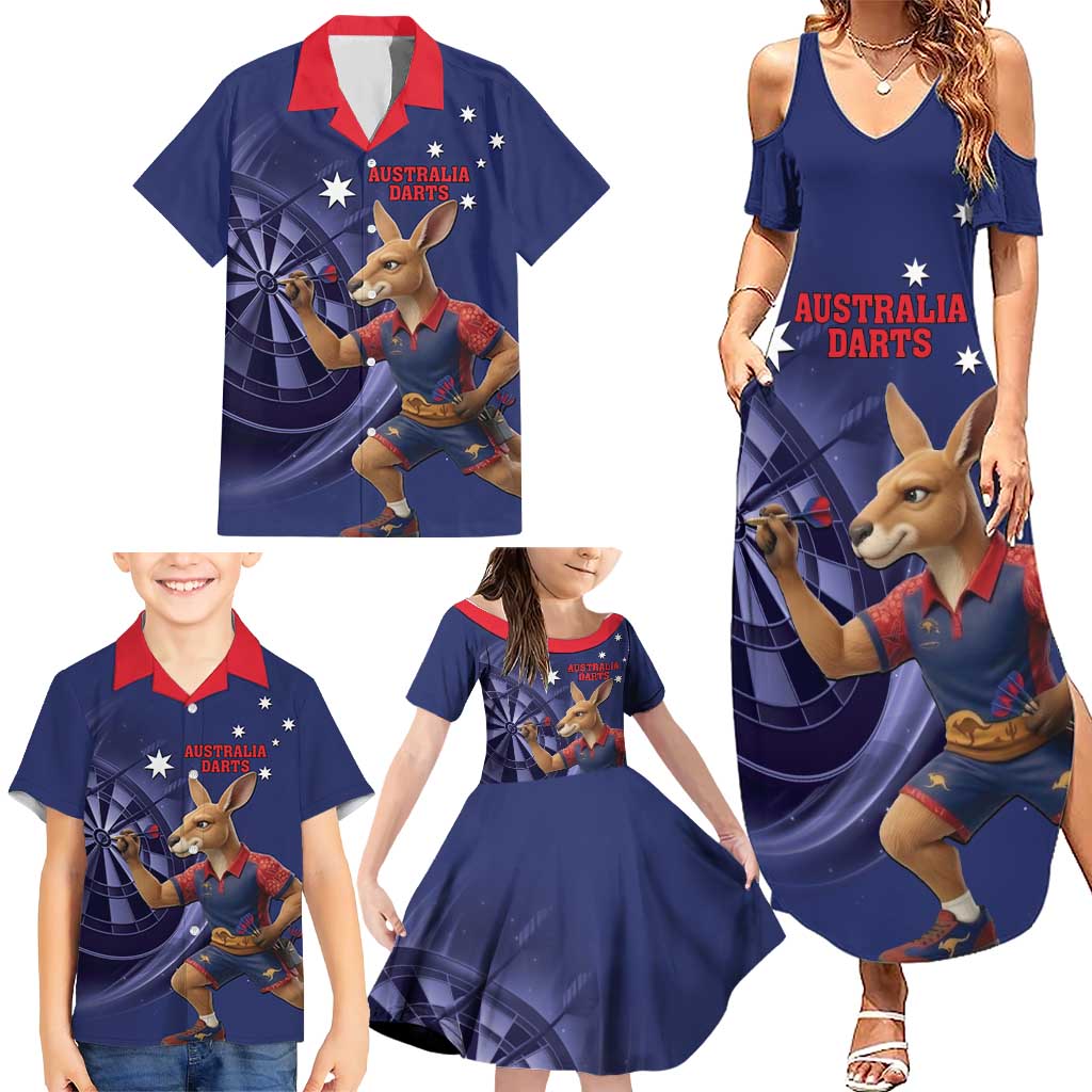 Australia Kangaroo Mascot Darts Family Matching Summer Maxi Dress and Hawaiian Shirt Blue Edition