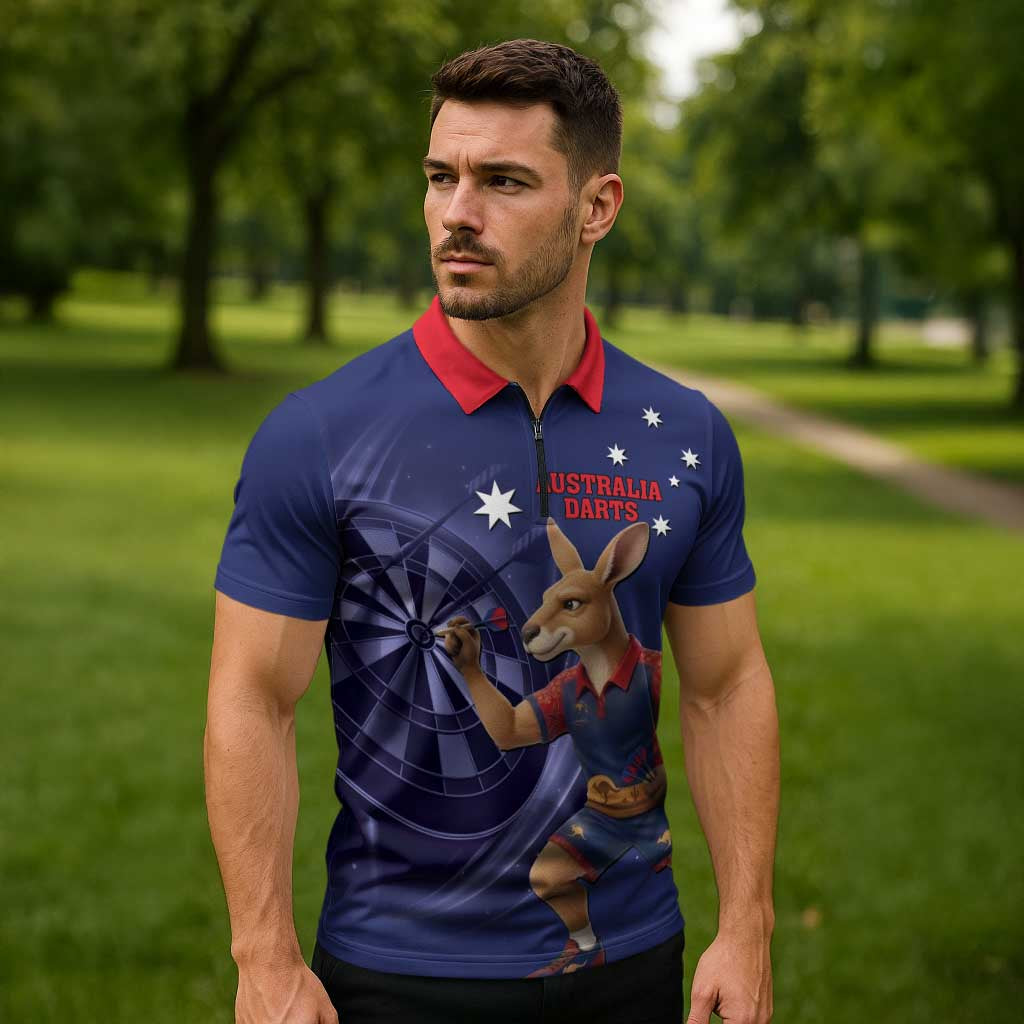 Australia Kangaroo Mascot Darts Zipper Polo Shirt Blue Edition