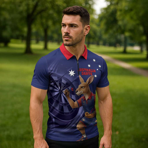 Australia Kangaroo Mascot Darts Zipper Polo Shirt Blue Edition