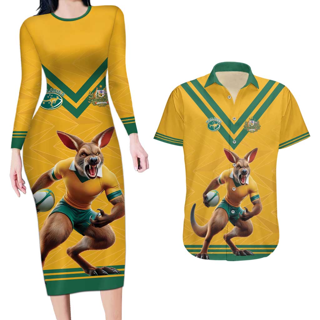 Custom Australia Rugby Couples Matching Long Sleeve Bodycon Dress and Hawaiian Shirt Wallabies Mascot Sporty Style - Aussie Hoodie
