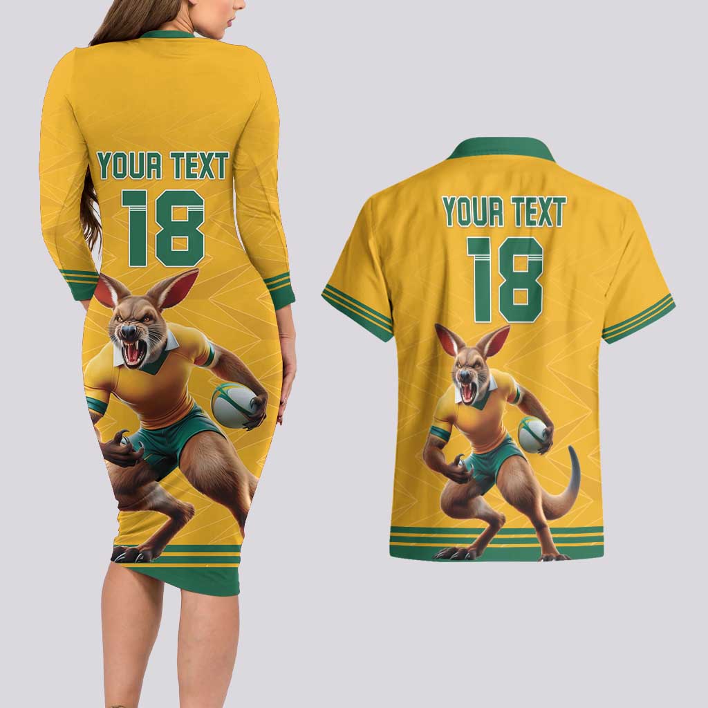 Custom Australia Rugby Couples Matching Long Sleeve Bodycon Dress and Hawaiian Shirt Wallabies Mascot Sporty Style - Aussie Hoodie