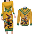 Custom Australia Rugby Couples Matching Long Sleeve Bodycon Dress and Long Sleeve Button Shirt Wallabies Mascot Sporty Style - Aussie Hoodie