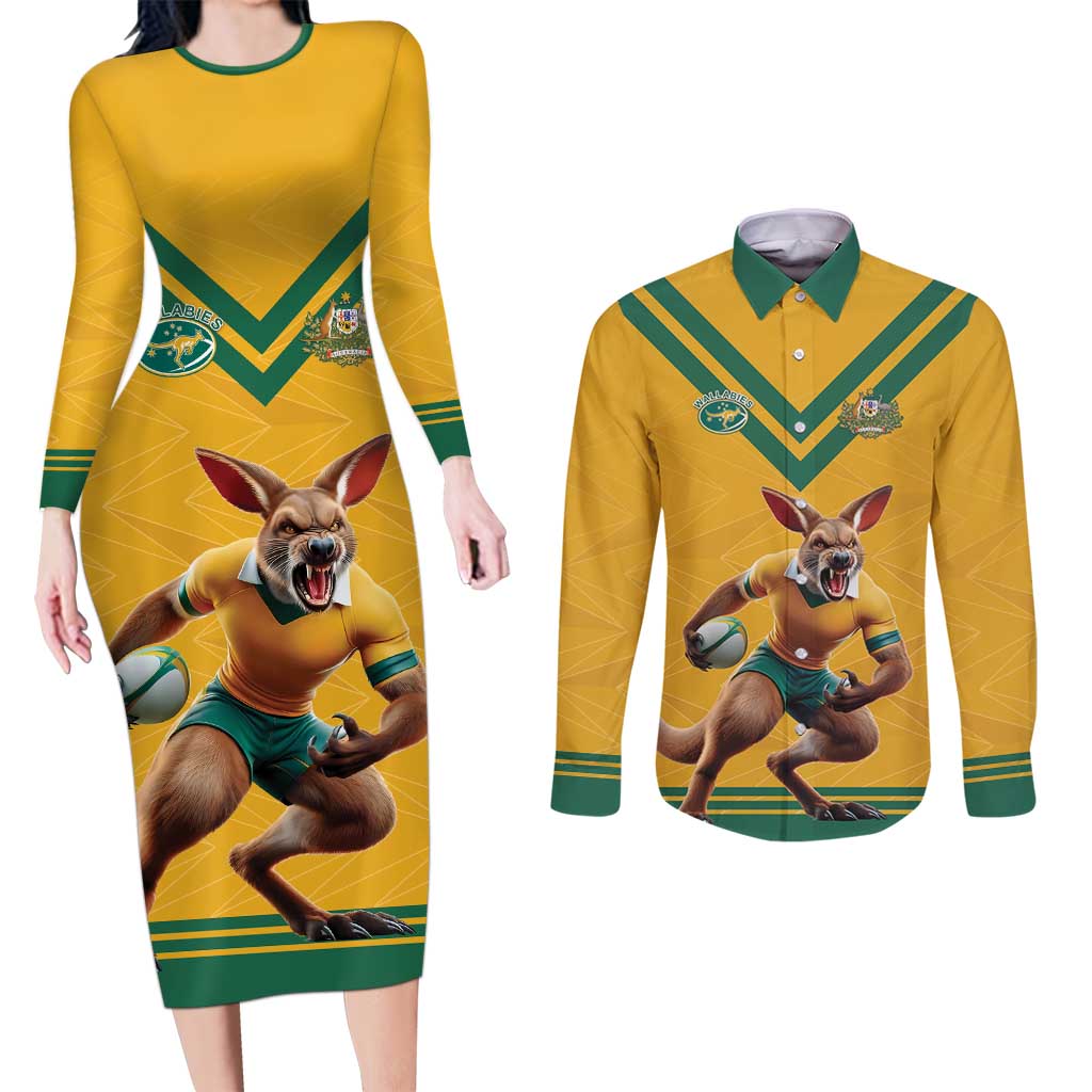 Custom Australia Rugby Couples Matching Long Sleeve Bodycon Dress and Long Sleeve Button Shirt Wallabies Mascot Sporty Style - Aussie Hoodie