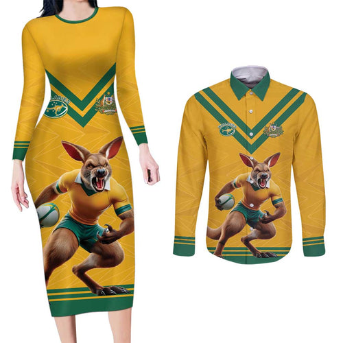 Custom Australia Rugby Couples Matching Long Sleeve Bodycon Dress and Long Sleeve Button Shirt Wallabies Mascot Sporty Style - Aussie Hoodie