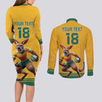 Custom Australia Rugby Couples Matching Long Sleeve Bodycon Dress and Long Sleeve Button Shirt Wallabies Mascot Sporty Style - Aussie Hoodie