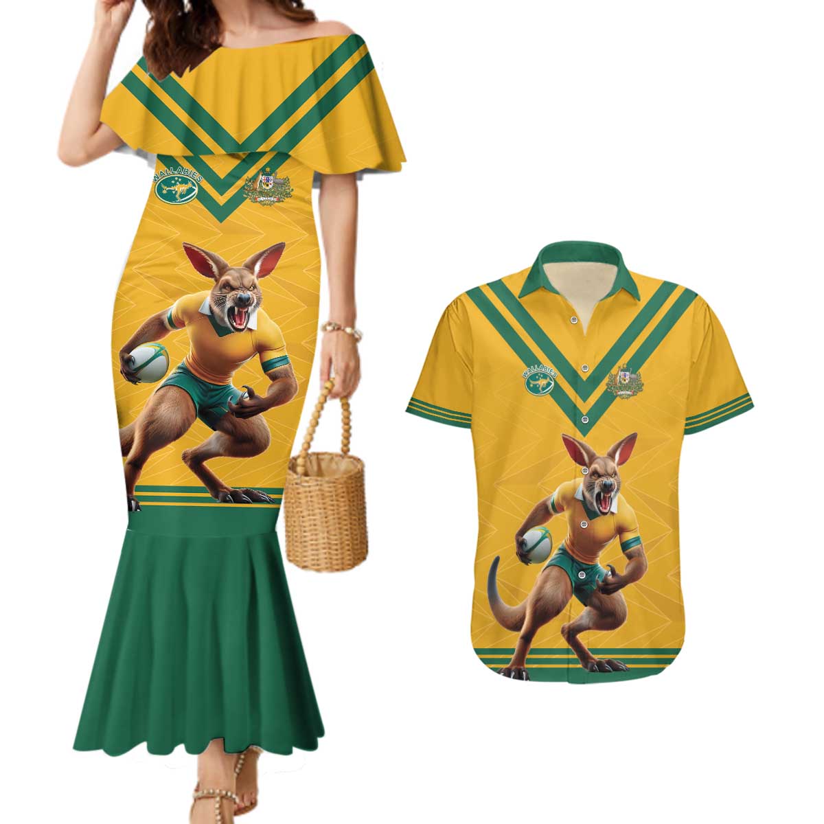 Custom Australia Rugby Couples Matching Mermaid Dress and Hawaiian Shirt Wallabies Mascot Sporty Style - Aussie Hoodie