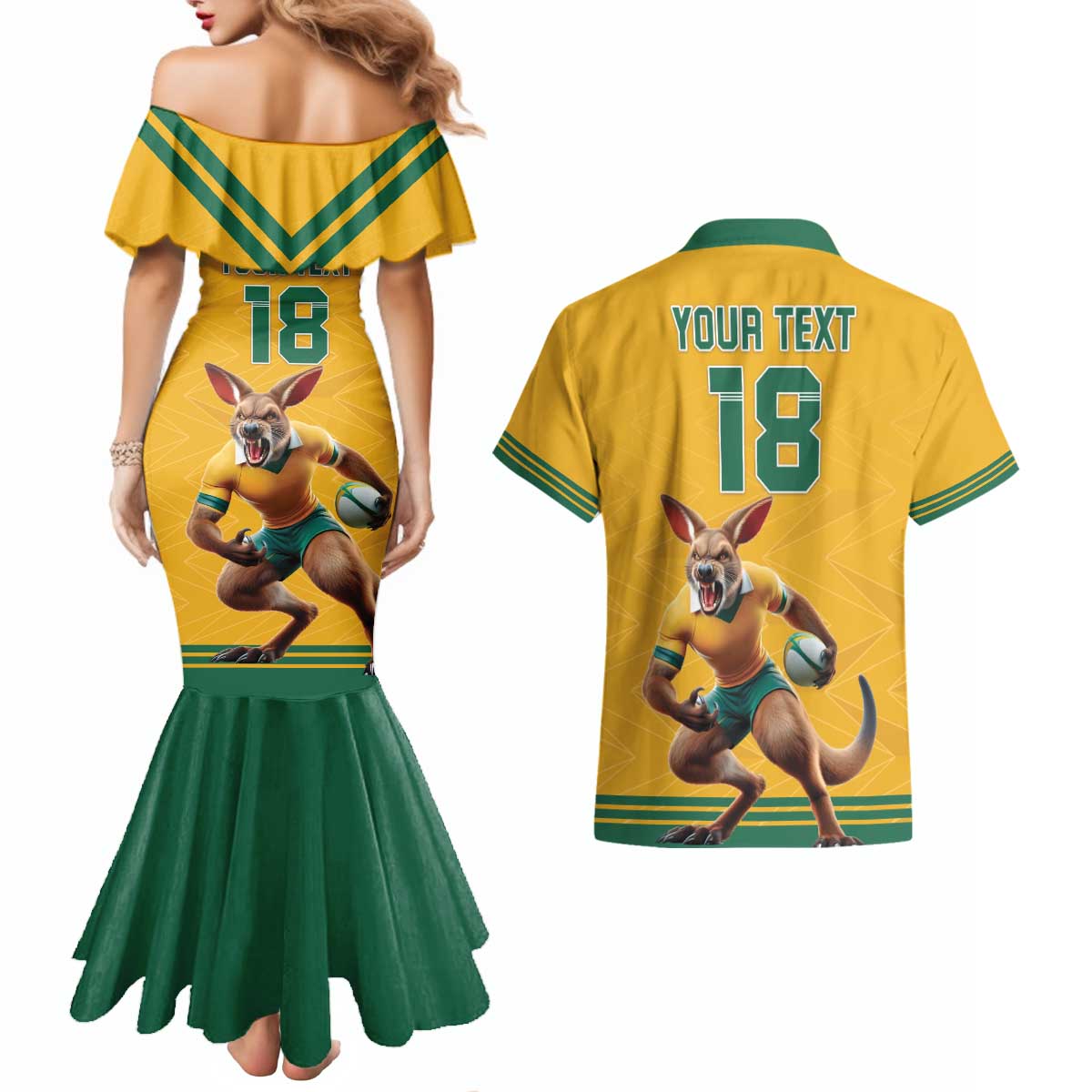Custom Australia Rugby Couples Matching Mermaid Dress and Hawaiian Shirt Wallabies Mascot Sporty Style - Aussie Hoodie