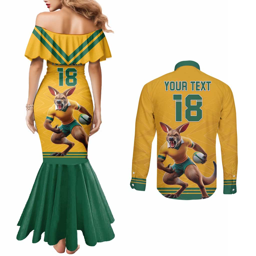 Custom Australia Rugby Couples Matching Mermaid Dress and Long Sleeve Button Shirt Wallabies Mascot Sporty Style - Aussie Hoodie