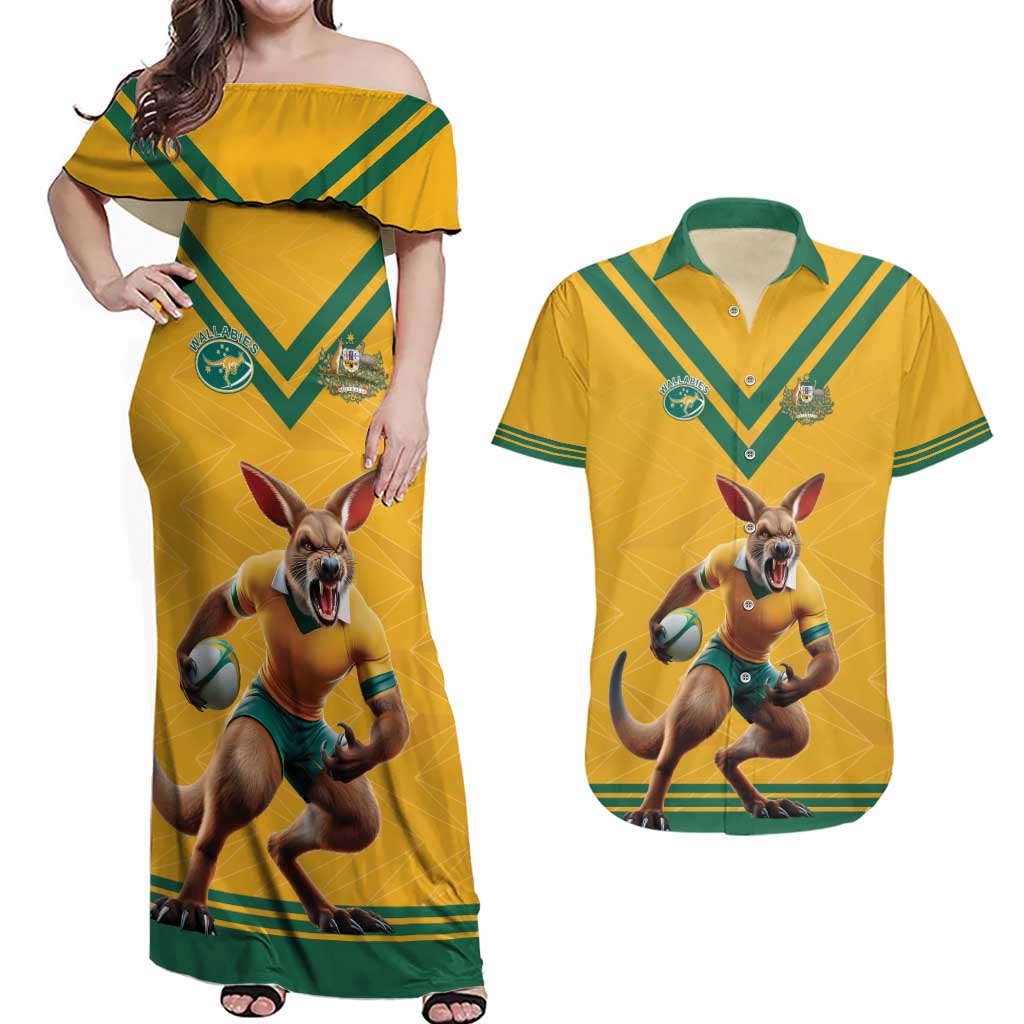 Custom Australia Rugby Couples Matching Off Shoulder Maxi Dress and Hawaiian Shirt Wallabies Mascot Sporty Style - Aussie Hoodie
