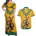Custom Australia Rugby Couples Matching Off Shoulder Maxi Dress and Hawaiian Shirt Wallabies Mascot Sporty Style - Aussie Hoodie