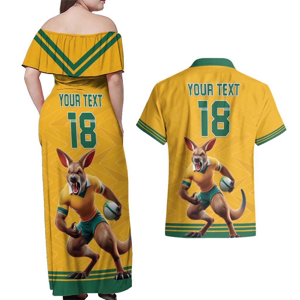 Custom Australia Rugby Couples Matching Off Shoulder Maxi Dress and Hawaiian Shirt Wallabies Mascot Sporty Style - Aussie Hoodie