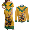 Custom Australia Rugby Couples Matching Off Shoulder Maxi Dress and Long Sleeve Button Shirt Wallabies Mascot Sporty Style - Aussie Hoodie
