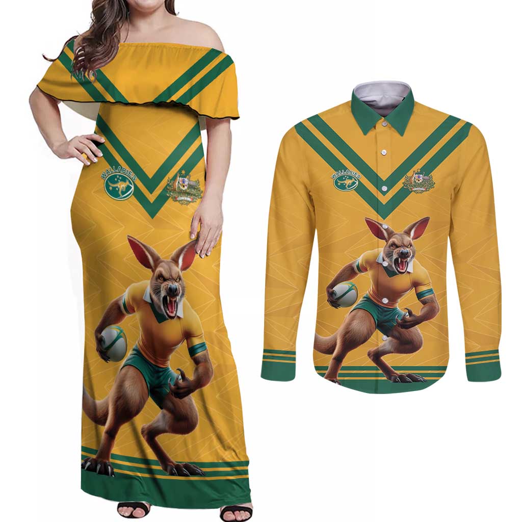 Custom Australia Rugby Couples Matching Off Shoulder Maxi Dress and Long Sleeve Button Shirt Wallabies Mascot Sporty Style - Aussie Hoodie