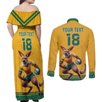 Custom Australia Rugby Couples Matching Off Shoulder Maxi Dress and Long Sleeve Button Shirt Wallabies Mascot Sporty Style - Aussie Hoodie