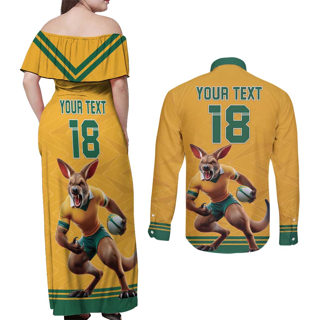 Custom Australia Rugby Couples Matching Off Shoulder Maxi Dress and Long Sleeve Button Shirt Wallabies Mascot Sporty Style - Aussie Hoodie