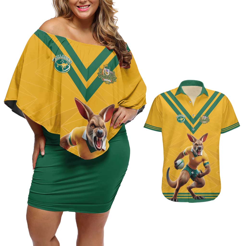 Custom Australia Rugby Couples Matching Off Shoulder Short Dress and Hawaiian Shirt Wallabies Mascot Sporty Style - Aussie Hoodie