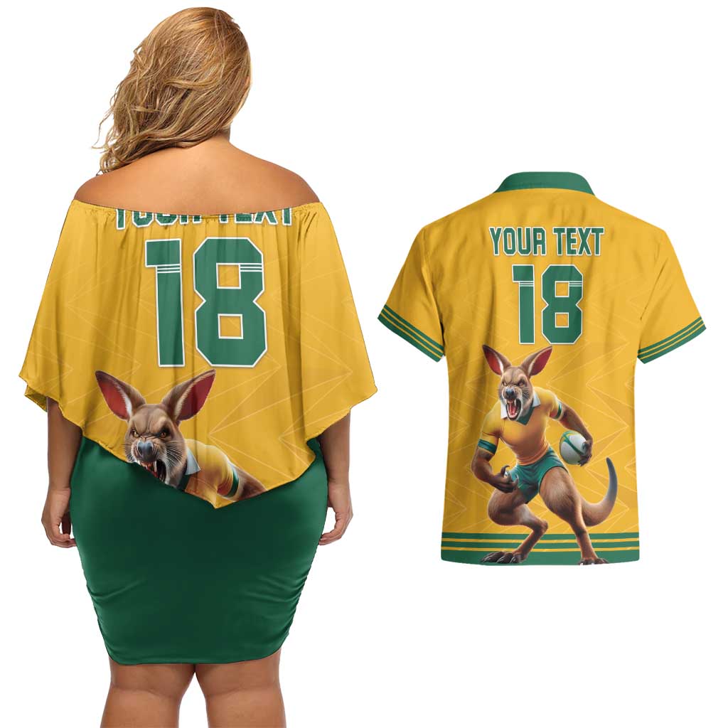 Custom Australia Rugby Couples Matching Off Shoulder Short Dress and Hawaiian Shirt Wallabies Mascot Sporty Style - Aussie Hoodie